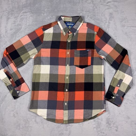 Chubbies Plaid Button Front Flannel Shirt Men's Size Medium Grey Orange Olive - Picture 2 of 6